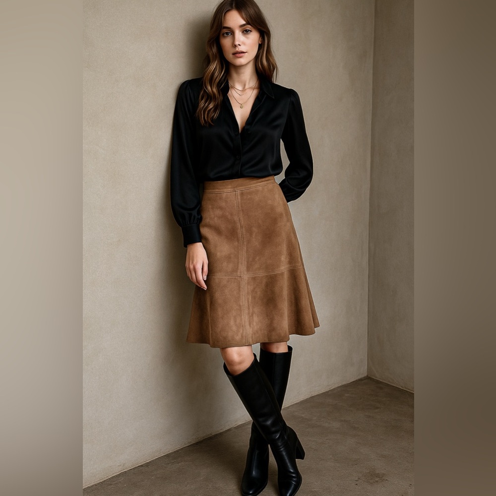 Madison Studio Tan Suede A-Line Midi Skirt